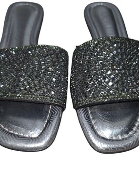 Beira Rio Black Rhinestone Slide Sandals Metallic Silver Footbed Size 6